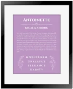 Antoinette name meaning wall art by Get Your Story in light purple with black matte frame