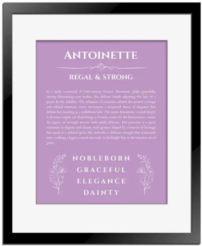 Antoinette name meaning wall art by Get Your Story in light purple with black matte frame