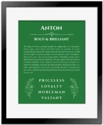 Anton personalized name meaning print in dark green with black matte frame