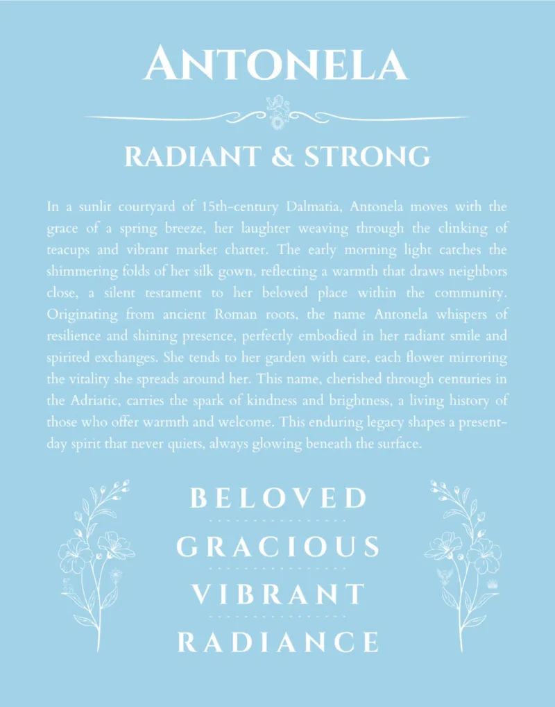 Antonela custom name art showing meaning and origin in light blue