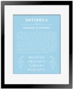 Antonela custom name art showing meaning and origin in light blue with black matte frame