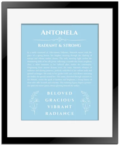 Antonela custom name art showing meaning and origin in light blue with black matte frame