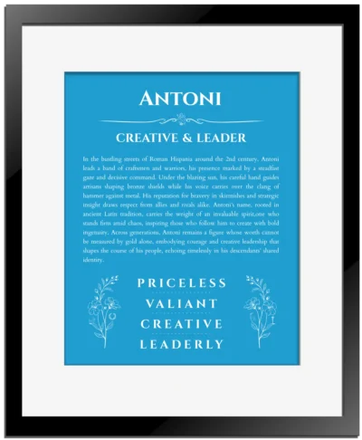 Antoni personalized wall art with the story of your name in blue with black matte frame