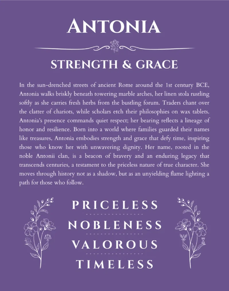 Antonia personalized name art with origin story in purple