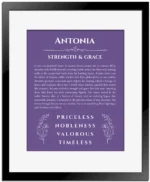 Antonia personalized name art with origin story in purple with black matte frame