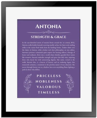 Antonia personalized name art with origin story in purple with black matte frame