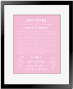 Antonio personalized name meaning print in light pink with black matte frame