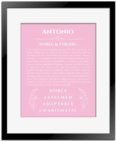 Antonio personalized name meaning print in light pink with black matte frame