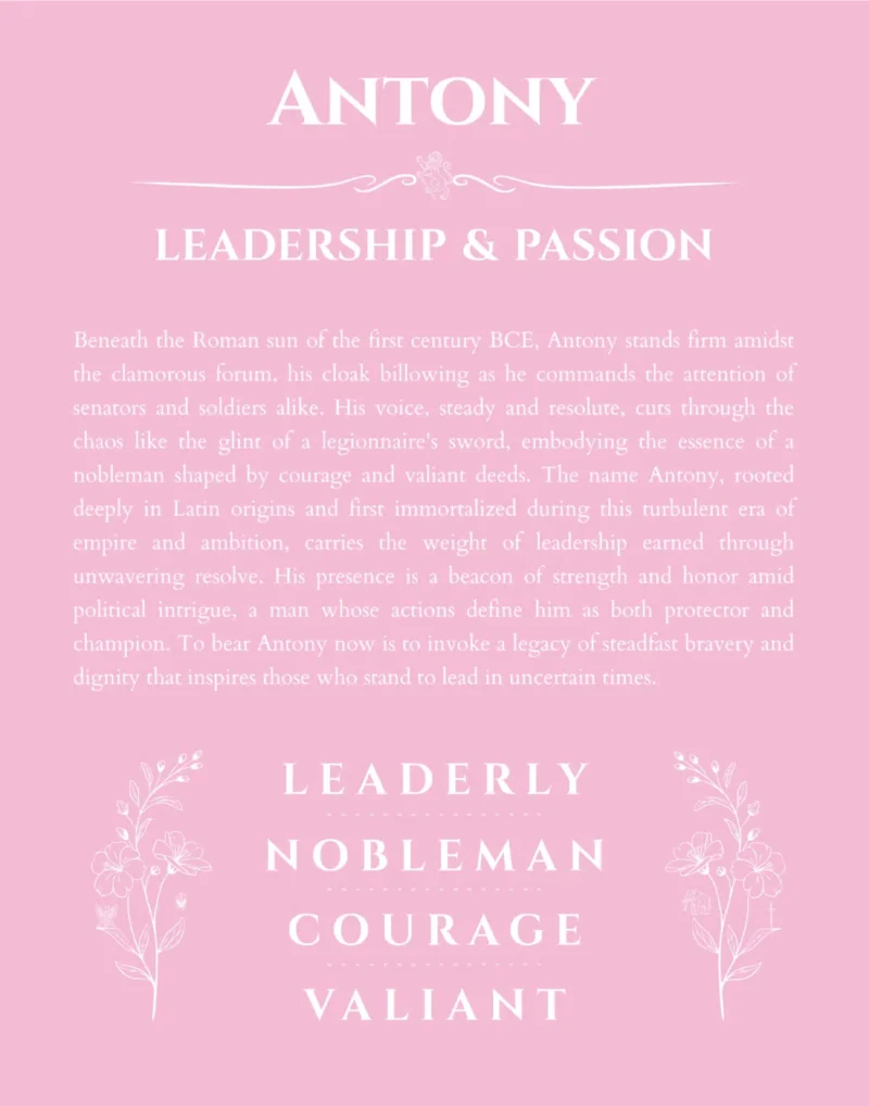 Antony custom name art showing meaning and origin in light pink