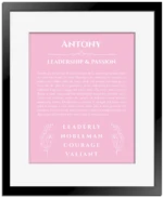 Antony custom name art showing meaning and origin in light pink with black matte frame