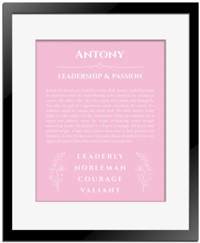 Antony custom name art showing meaning and origin in light pink with black matte frame