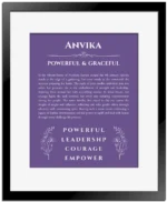 Anvika personalized name print with origin and traits in purple with black matte frame