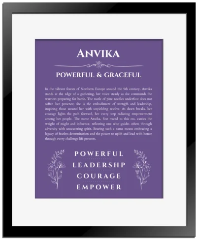 Anvika personalized name print with origin and traits in purple with black matte frame
