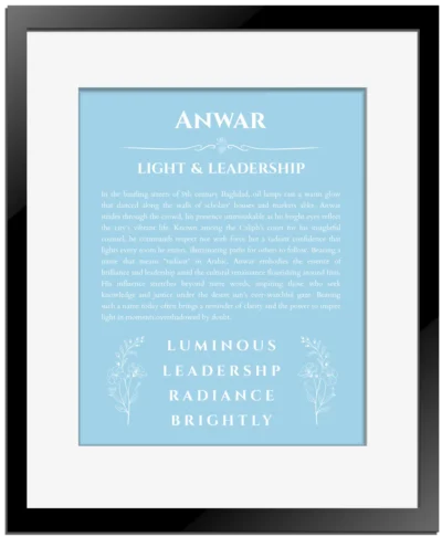 Anwar name meaning gift print in light blue with black matte frame