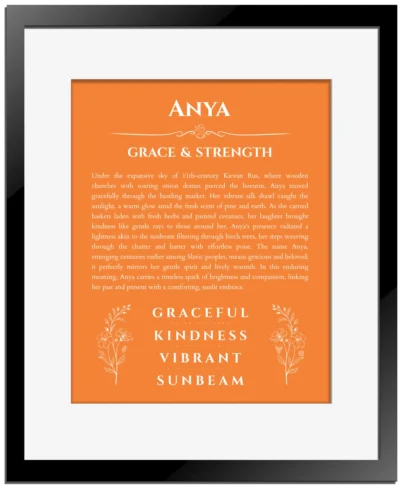 Anya custom name meaning print in orange with black matte frame