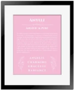 Anyeli personalized wall art with the story of your name in light pink with black matte frame