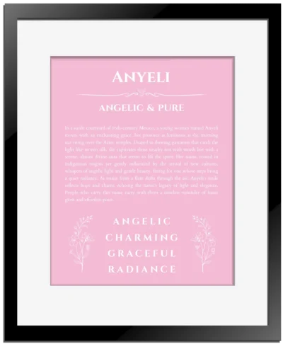 Anyeli personalized wall art with the story of your name in light pink with black matte frame
