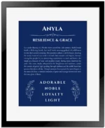 Anyla personalized name art with origin story in deep blue with black matte frame