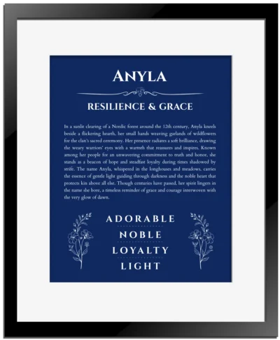 Anyla personalized name art with origin story in deep blue with black matte frame