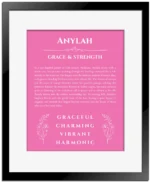 Anylah personalized name art with origin story in pink with black matte frame