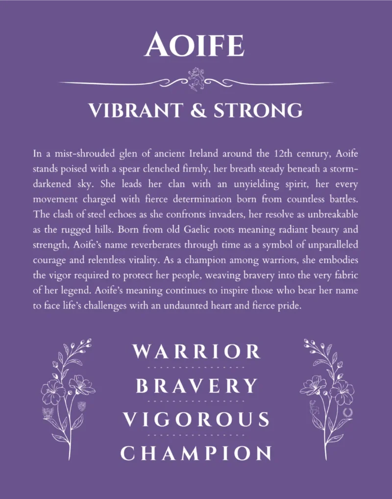 Aoife name origin print with meaning and traits in purple