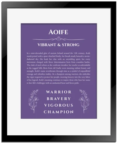 Aoife name origin print with meaning and traits in purple with black matte frame