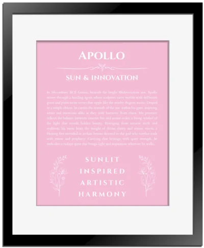 Apollo personalized name meaning print in light pink with black matte frame