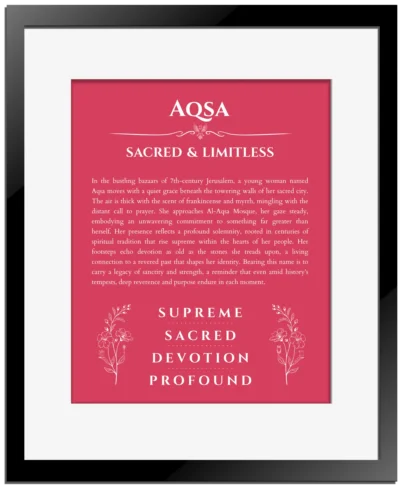 Aqsa custom name art showing meaning and origin in red with black matte frame