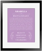 Arabella personalized wall art with the story of your name in light purple with black matte frame