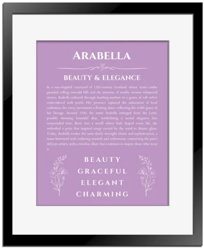 Arabella personalized wall art with the story of your name in light purple with black matte frame