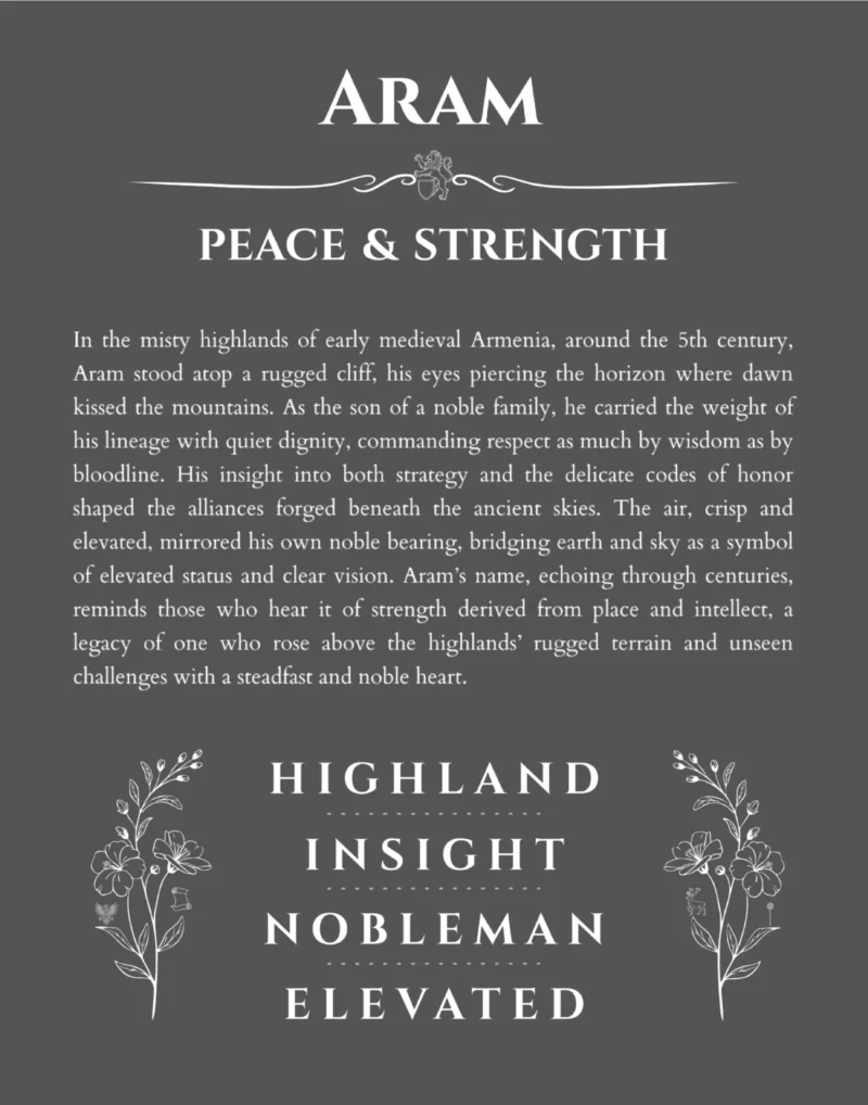 Aram personalized name art with origin story in gray