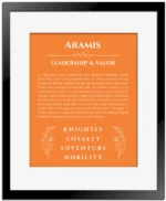 Aramis custom name print for wall display in orange with black matte frame