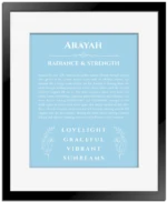 Arayah name meaning wall art by Get Your Story in light blue with black matte frame