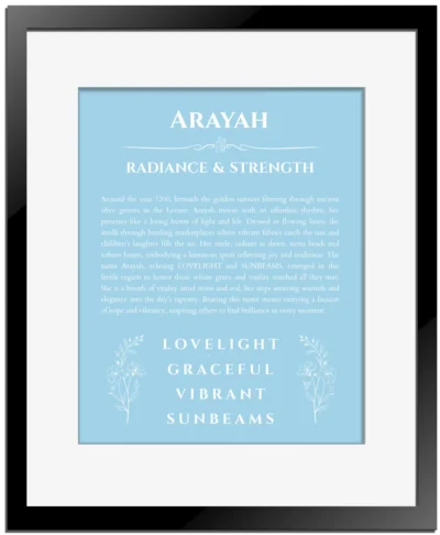 Arayah name meaning wall art by Get Your Story in light blue with black matte frame