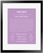 Archer personalized wall art with the story of your name in light purple with black matte frame