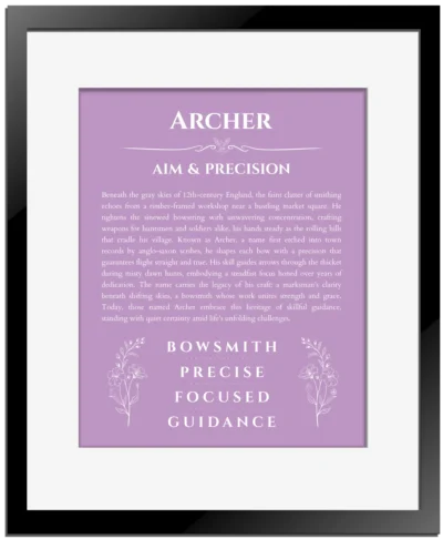 Archer personalized wall art with the story of your name in light purple with black matte frame