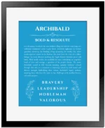 Archibald personalized name meaning print in blue with black matte frame