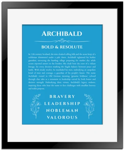 Archibald personalized name meaning print in blue with black matte frame
