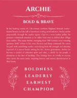 Archie name origin print with meaning and traits in red