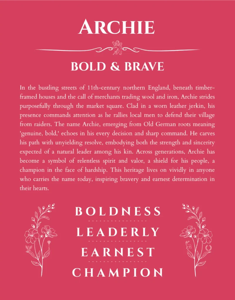 Archie name origin print with meaning and traits in red