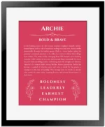 Archie name origin print with meaning and traits in red with black matte frame