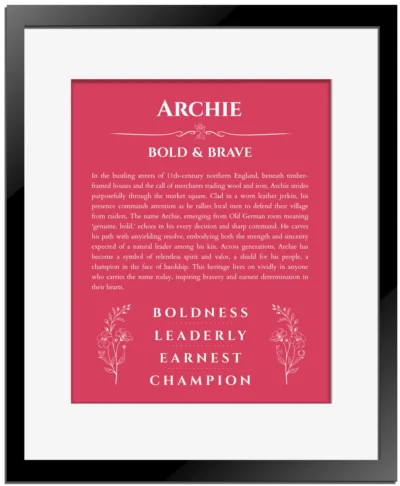 Archie name origin print with meaning and traits in red with black matte frame