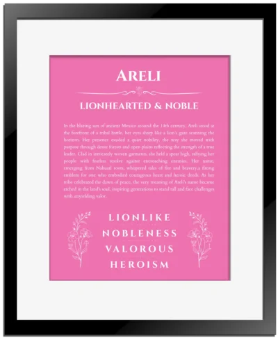 Areli personalized name meaning print in pink with black matte frame