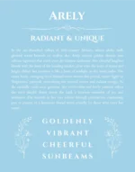 Arely custom name art showing meaning and origin in light blue