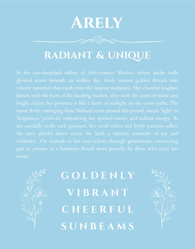 Arely custom name art showing meaning and origin in light blue