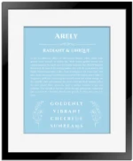 Arely custom name art showing meaning and origin in light blue with black matte frame