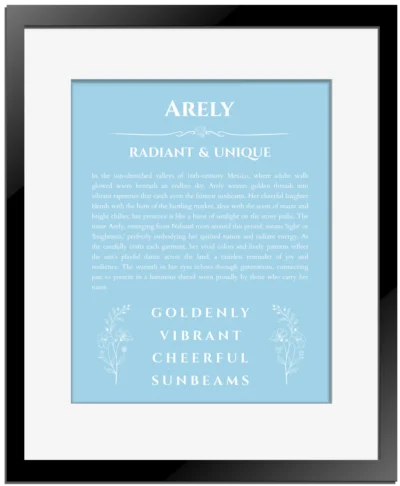 Arely custom name art showing meaning and origin in light blue with black matte frame