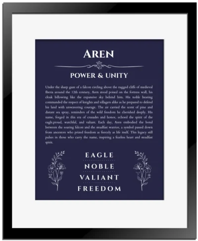 Aren custom name art showing meaning and origin in navy blue with black matte frame