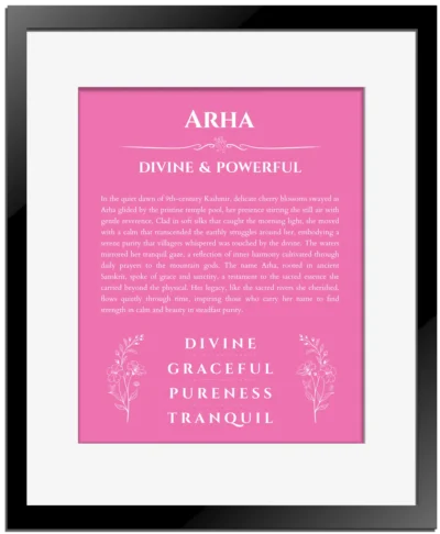 Arha custom name meaning print in pink with black matte frame