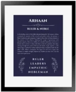 Arhaan name meaning wall art by Get Your Story in navy blue with black matte frame